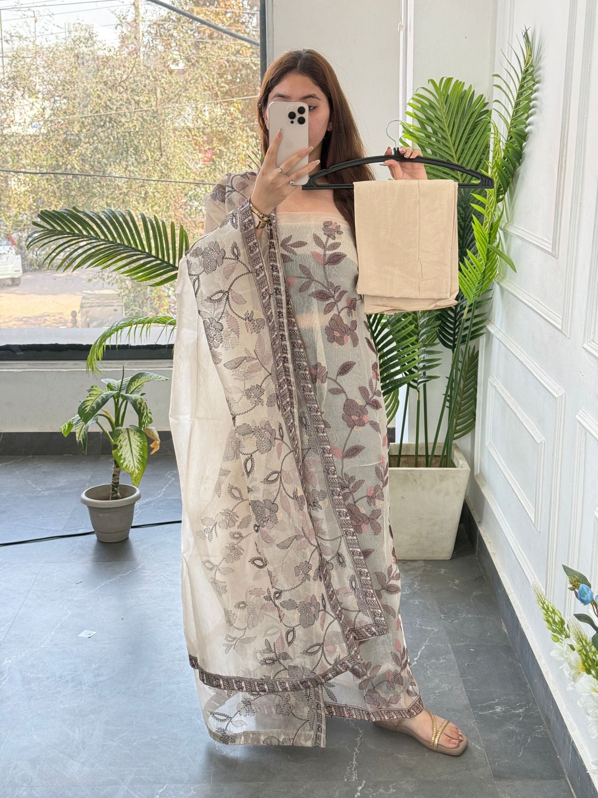 Premium Navy Blue Shimmer Tissue Embroidered Unstitched Suit With Beautiful Dupatta