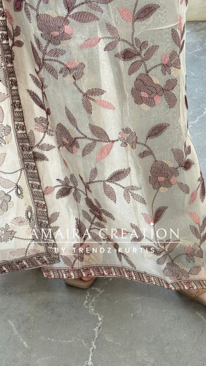 Premium Maroon Shimmer Tissue Embroidered Unstitched Suit With Beautiful Dupatta