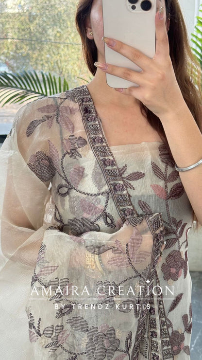 Premium Maroon Shimmer Tissue Embroidered Unstitched Suit With Beautiful Dupatta