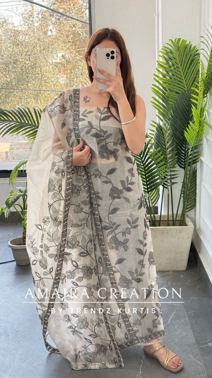 Premium Black Shimmer Tissue Embroidered Unstitched Suit With Beautiful Dupatta