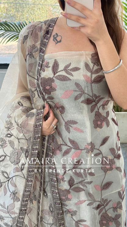 Premium Wine Shimmer Tissue Embroidered Unstitched Suit With Beautiful Dupatta