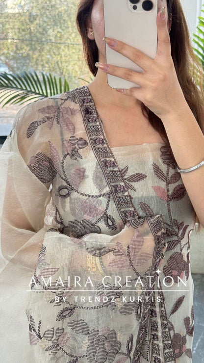 Premium Wine Shimmer Tissue Embroidered Unstitched Suit With Beautiful Dupatta