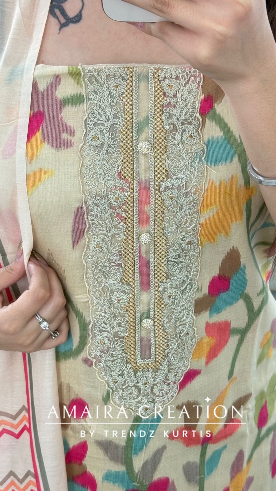 Premium Glaze Cotton Beige Colour Multi Print Unstitched Suits