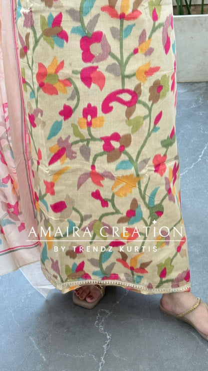 Premium Glaze Cotton Beige Colour Multi Print Unstitched Suits