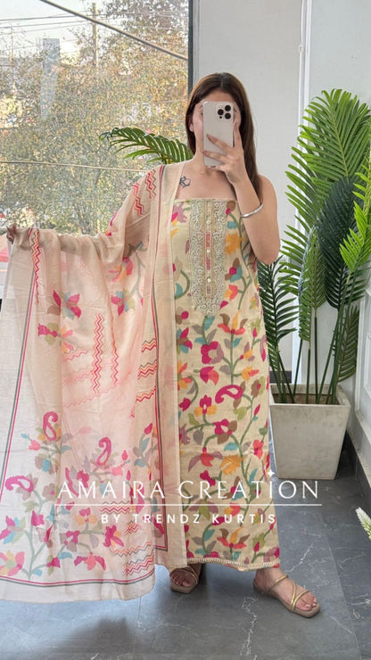 Premium Glaze Cotton Beige Colour Multi Print Unstitched Suits
