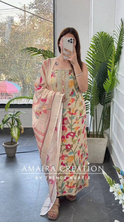 Premium Glaze Cotton Beige Colour Multi Print Unstitched Suits