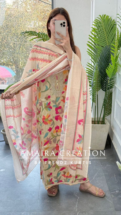 Premium Glaze Cotton Beige Colour Multi Print Unstitched Suits