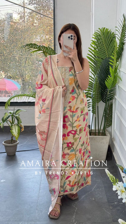 Premium Glaze Cotton Beige Colour Multi Print Unstitched Suits