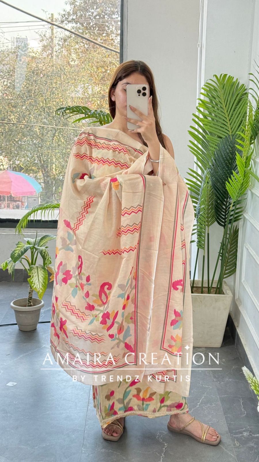 Premium Glaze Cotton Beige Colour Multi Print Unstitched Suits