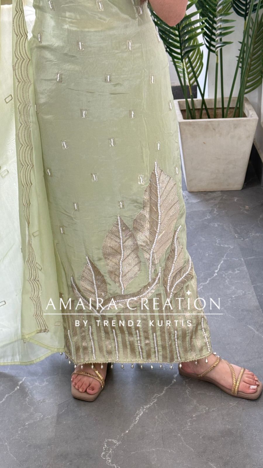 Premium Crepe Pista Colour Champagne Gold Leaf Applique Pearl Work With Organza Dupatta