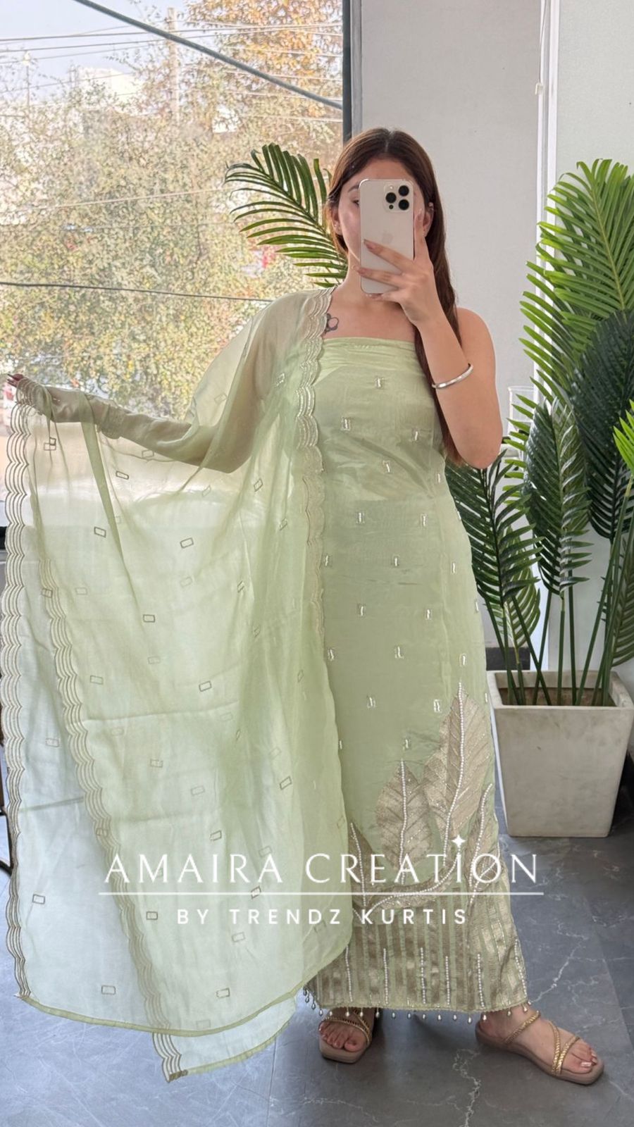 Premium Crepe Pista Colour Champagne Gold Leaf Applique Pearl Work With Organza Dupatta