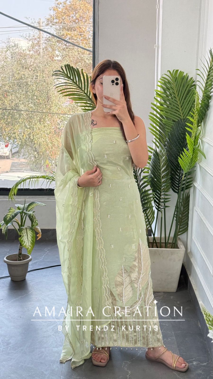 Premium Crepe Pista Colour Champagne Gold Leaf Applique Pearl Work With Organza Dupatta