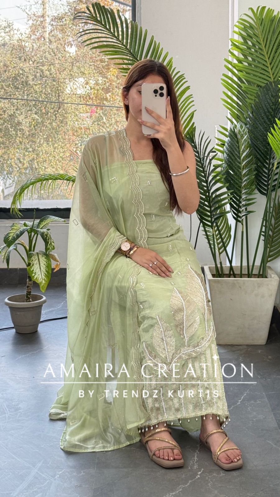 Premium Crepe Pista Colour Champagne Gold Leaf Applique Pearl Work With Organza Dupatta