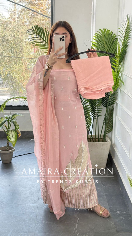 Premium Crepe Peach Colour Champagne Gold Leaf Applique Pearl Work With Organza Dupatta