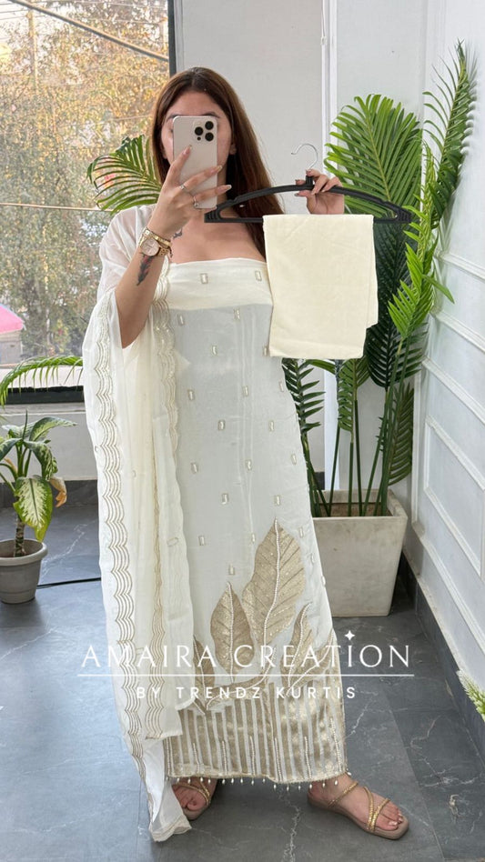 Premium Crepe Ivory Colour Champagne Gold Leaf Applique Pearl Work With Organza Dupatta