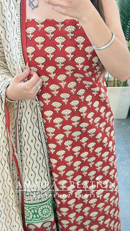 Premium Cotton Rust Colour Bagru HandBlock Print Unstitched Suit