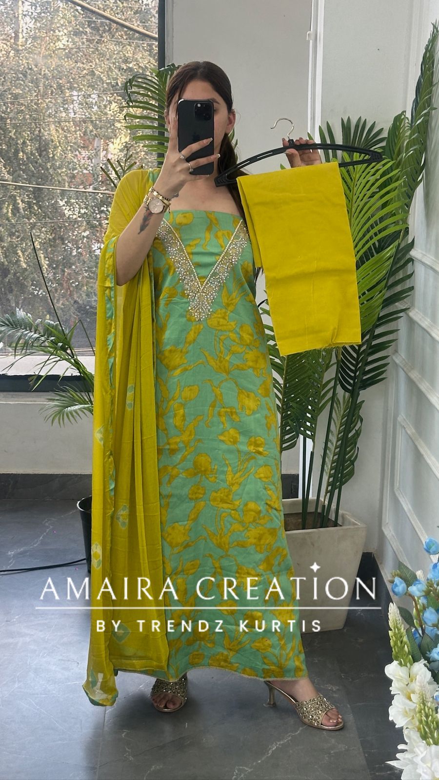 Premium Cotton Parrot green unstitch suit with beautiful neck detailing