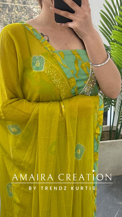 Premium Cotton Parrot green unstitch suit with beautiful neck detailing