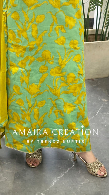 Premium Cotton Parrot green unstitch suit with beautiful neck detailing