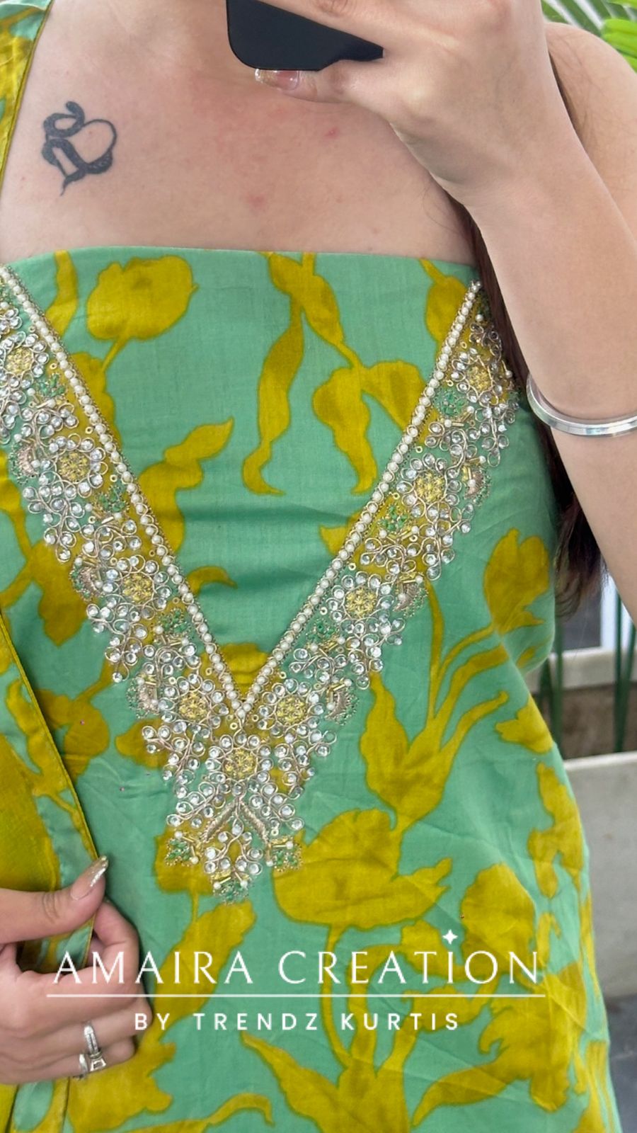 Premium Cotton Parrot green unstitch suit with beautiful neck detailing