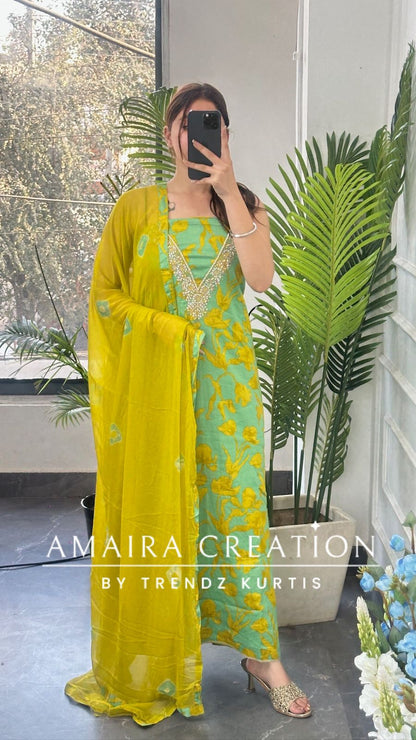 Premium Cotton Parrot green unstitch suit with beautiful neck detailing