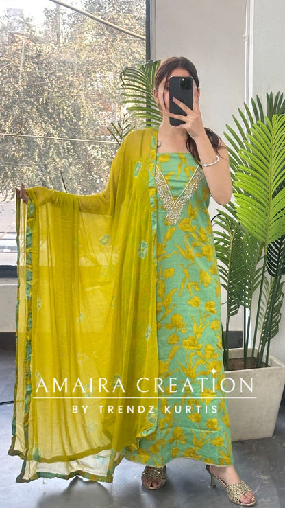Premium Cotton Parrot green unstitch suit with beautiful neck detailing