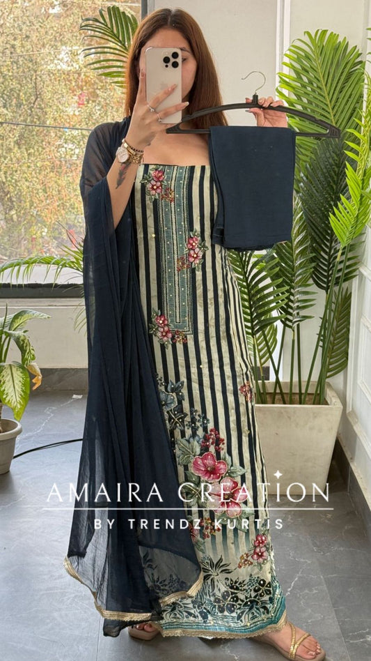 Premium Orgnza Fabric Navy Blue Color Floral Print Unstitched Suit