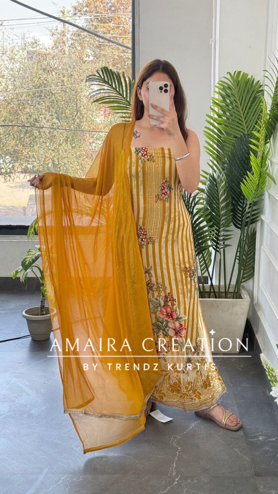 Premium Orgnza Fabric Mustard Color Floral Print Unstitched Suit
