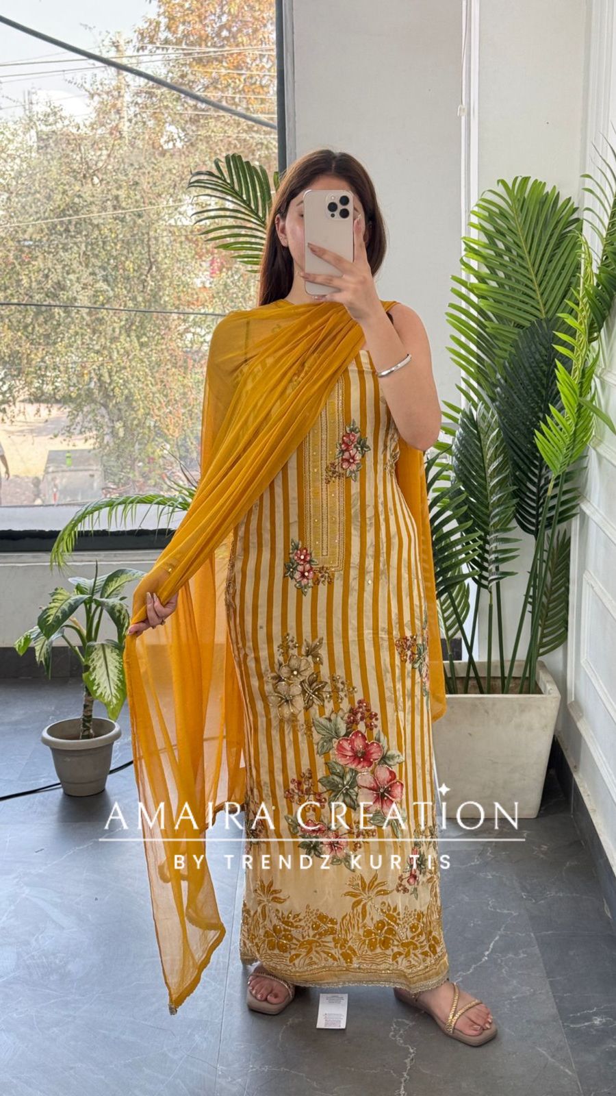 Premium Orgnza Fabric Mustard Color Floral Print Unstitched Suit