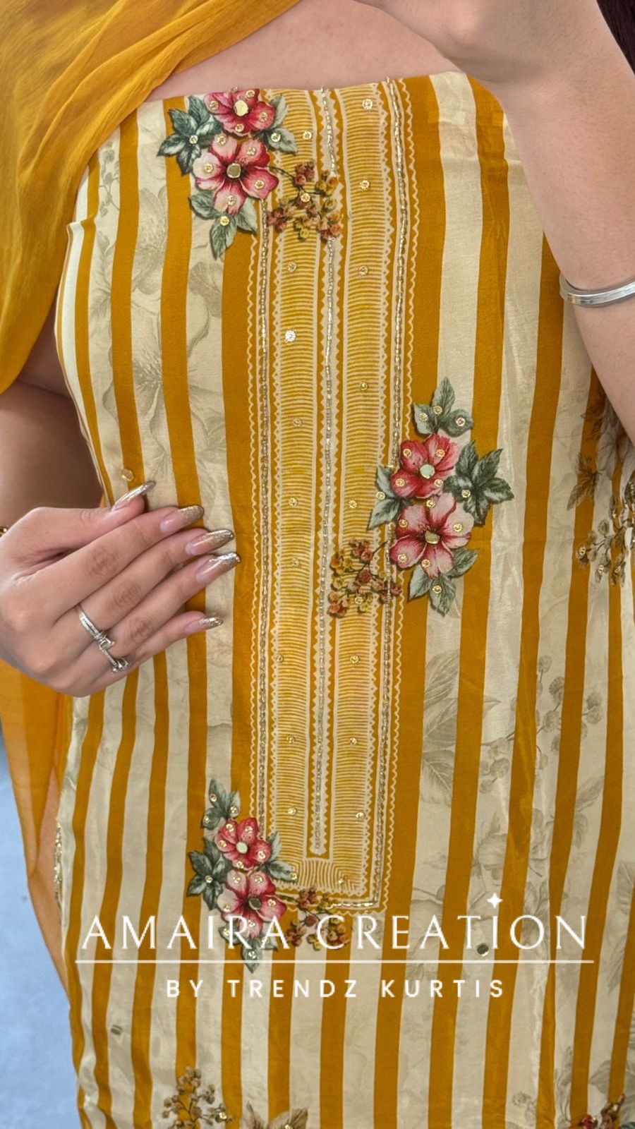 Premium Orgnza Fabric Mustard Color Floral Print Unstitched Suit