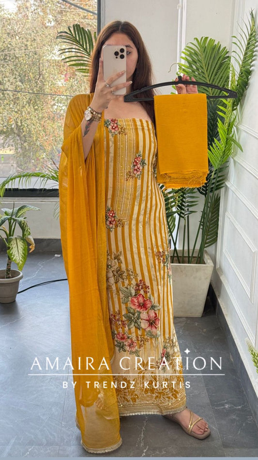 Premium Orgnza Fabric Mustard Color Floral Print Unstitched Suit
