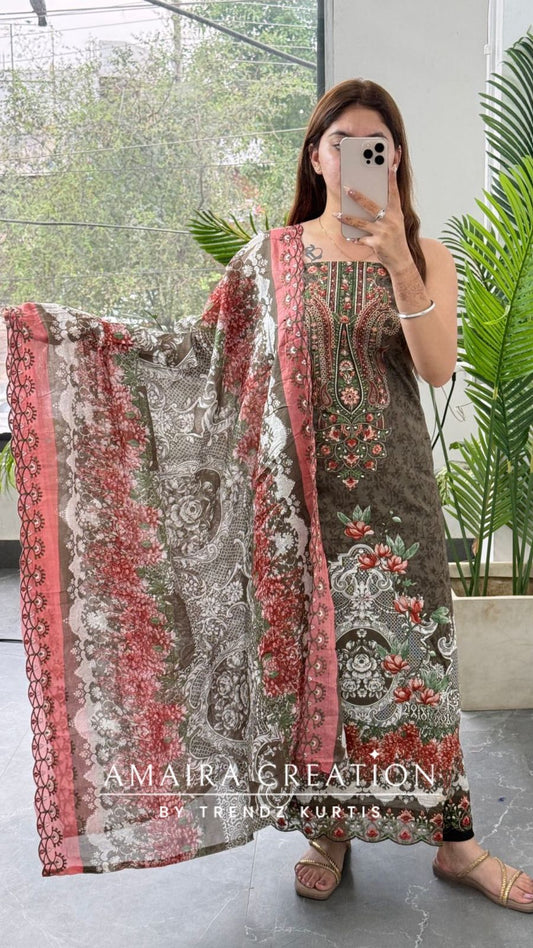 Premium Grey Cotton Pakistani Print Unstitched Suit