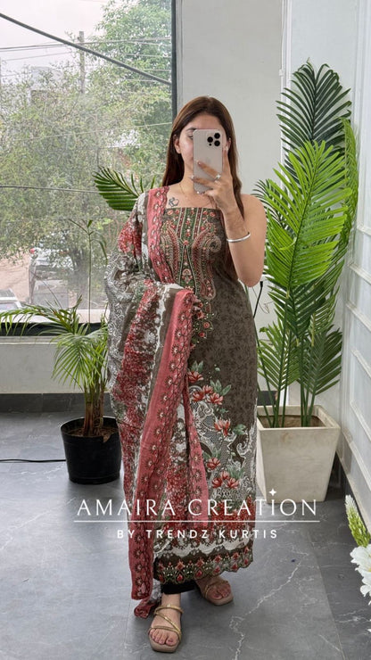 Premium Grey Cotton Pakistani Print Unstitched Suit