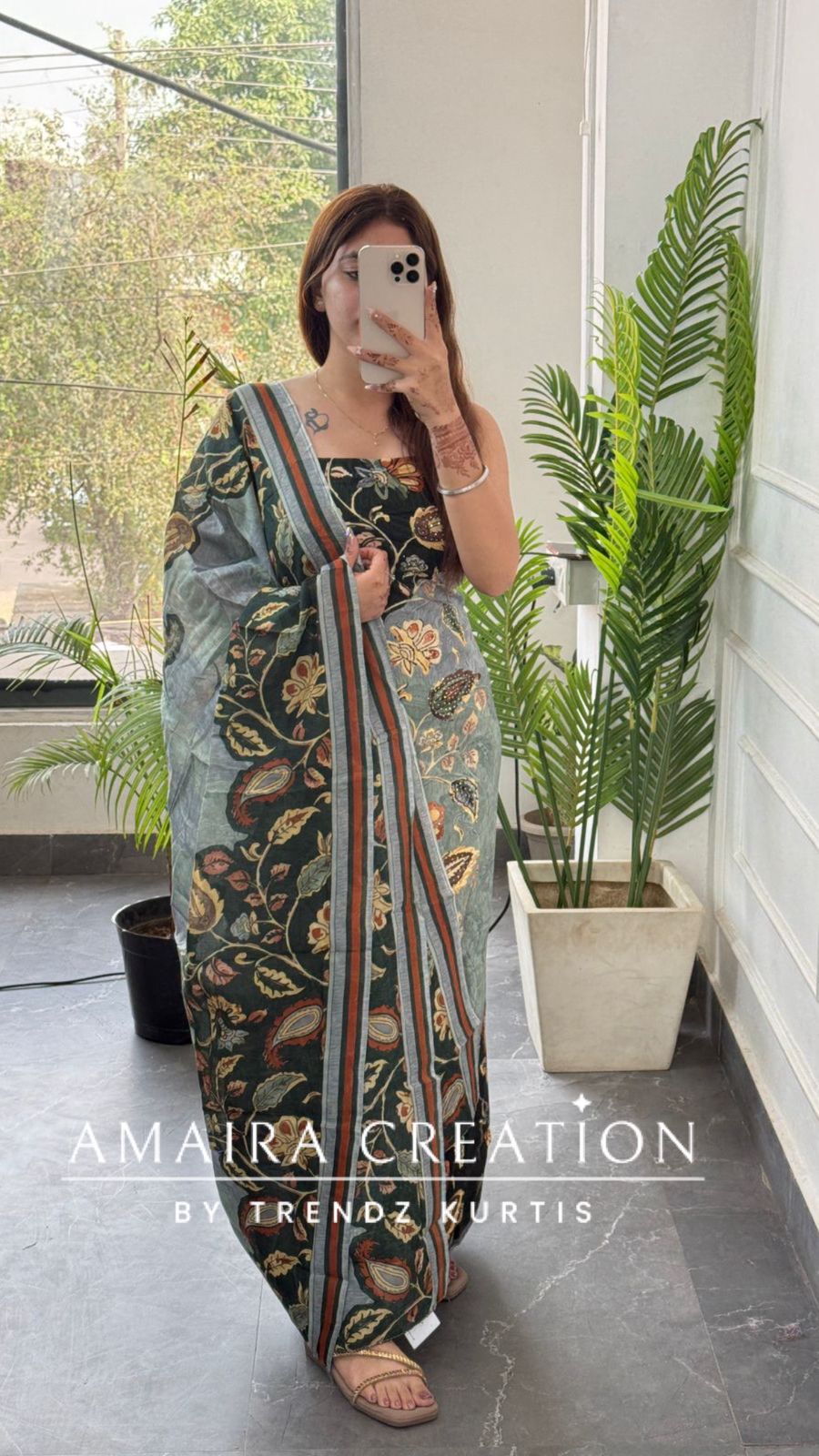 Premium cotton Kalamkari Print Bottle Green Colour Unstitched Suit