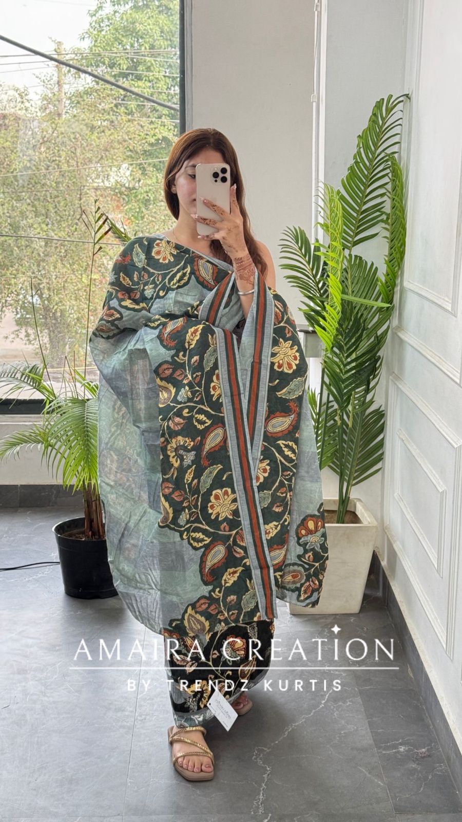 Premium cotton Kalamkari Print Bottle Green Colour Unstitched Suit