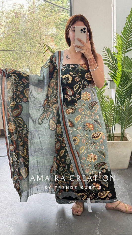 Premium cotton Kalamkari Print Bottle Green Colour Unstitched Suit