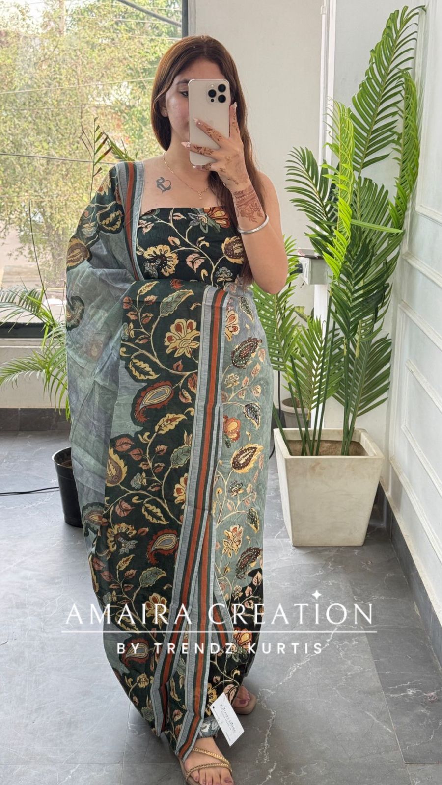 Premium cotton Kalamkari Print Bottle Green Colour Unstitched Suit