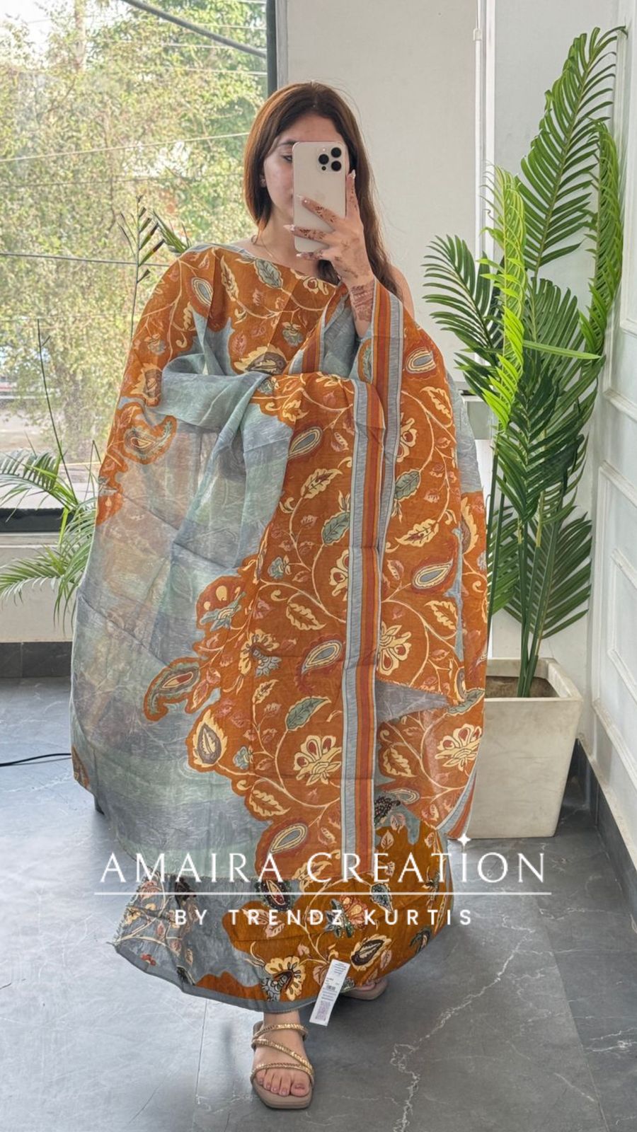 Premium cotton Kalamkari Print Mustard Colour Unstitched Suit
