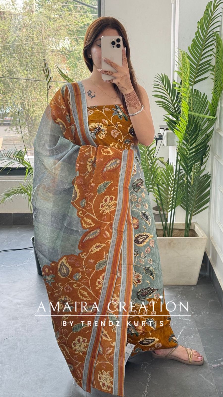 Premium cotton Kalamkari Print Mustard Colour Unstitched Suit
