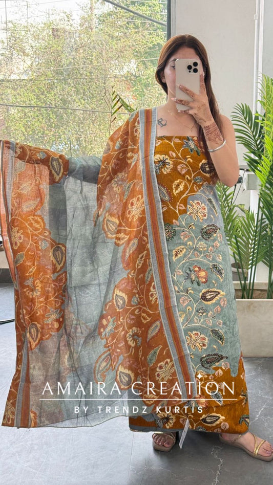 Premium cotton Kalamkari Print Mustard Colour Unstitched Suit