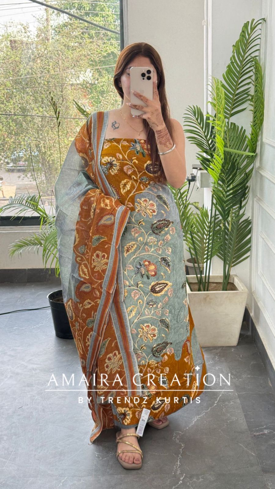 Premium cotton Kalamkari Print Mustard Colour Unstitched Suit