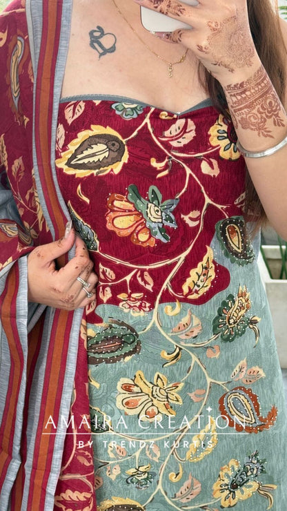 Premium cotton Kalamkari Print Maroon Colour Unstitched Suit
