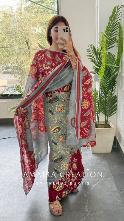 Premium cotton Kalamkari Print Maroon Colour Unstitched Suit