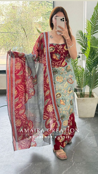 Premium cotton Kalamkari Print Maroon Colour Unstitched Suit
