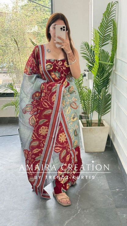 Premium cotton Kalamkari Print Maroon Colour Unstitched Suit