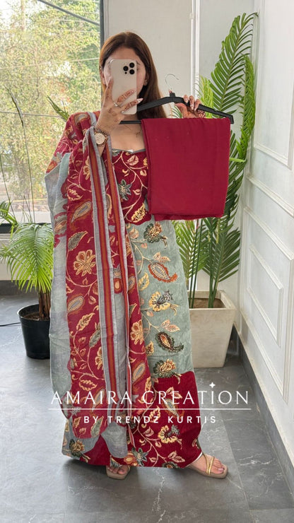 Premium cotton Kalamkari Print Maroon Colour Unstitched Suit