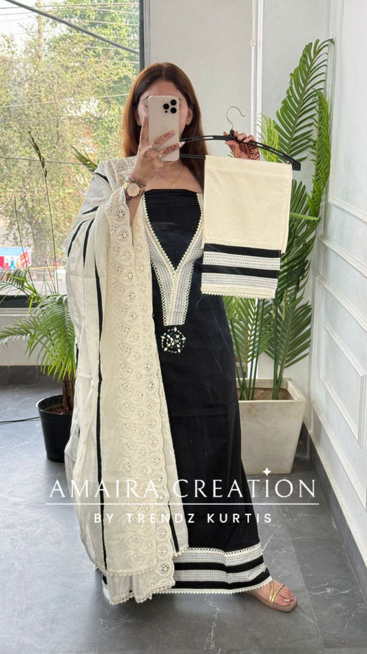Premium Cotton Black Colour Unstitched Suit With Chikankari Cut work Dupatta