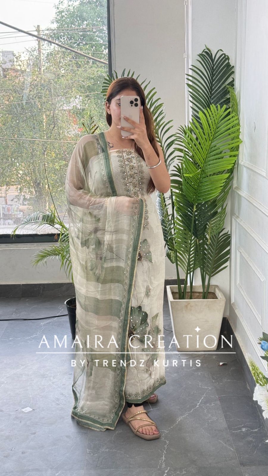 Premium Orgnaza Beige Green Colour Unstitched Suit With Printed Chiffon Dupatta