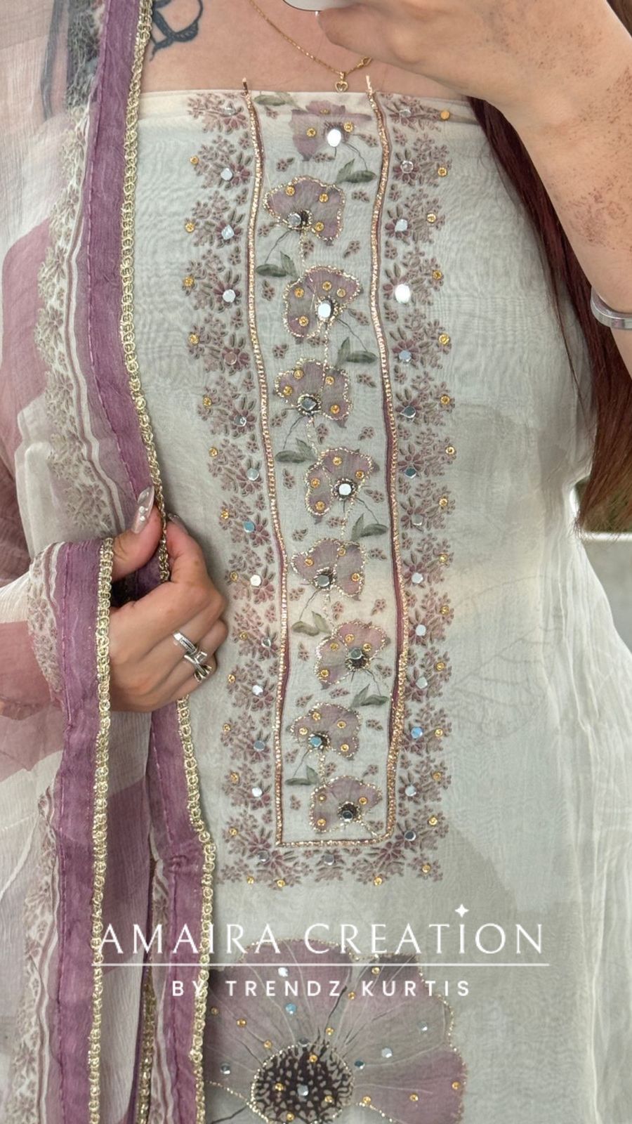 Premium Orgnaza Beige Lavender Colour Unstitched Suit With Printed Chiffon Dupatta