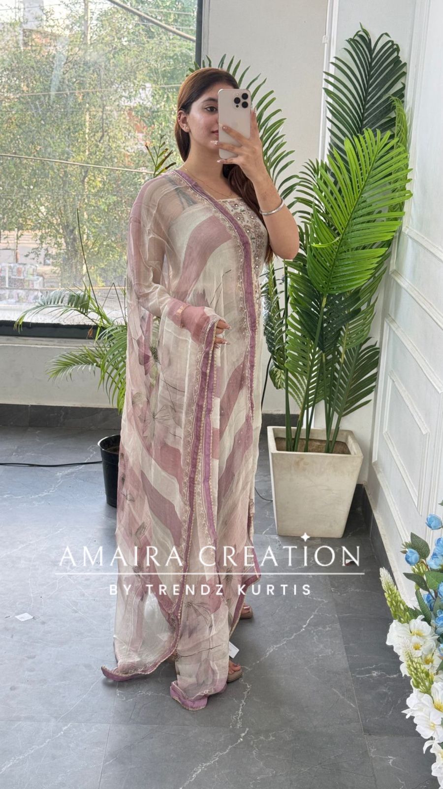 Premium Orgnaza Beige Lavender Colour Unstitched Suit With Printed Chiffon Dupatta